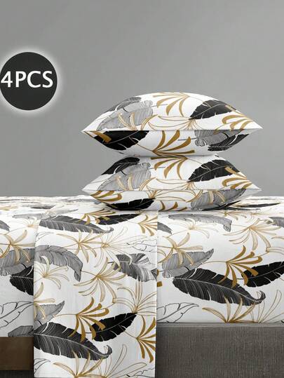 4pcs White Plant Leaves Floral Pattern Sheet Set Easy Care Microfiber Soft Bedding Set Fitted Sheet Set (1pc Flat Sheet+1pc Fitted Sheet+2pcs Pillowcases) Fitted Sheet Set King Queen Full TWIN SIZE Sheet Deep Pocket Up To 11.8 Inch Pillowcase, Soft Breathable Wrinkle-Free Better For Sleep, Luxury Hotel Style, Gift For Mom Dad Friend Domitory Bedding Back School