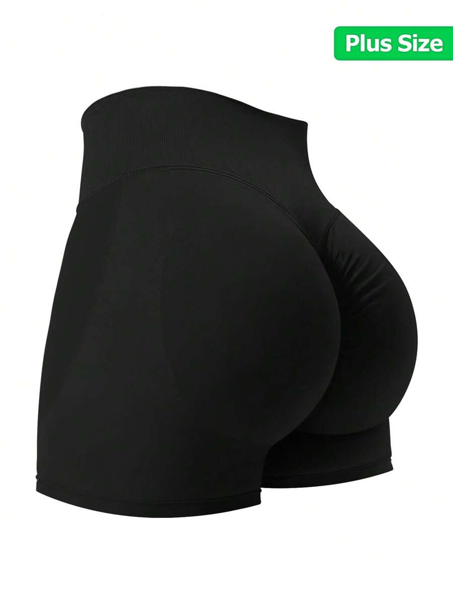 TNTOR Plus Size Women Solid Color Everyday Fitness Sports Shorts, Elastic Yoga Shorts, Figure Flattering High Waisted Slimming Workout Shorts, Gym Leggings, Black, Plus Size, High Waist Lifting Yoga Shorts, Tight Fit Quick Dry Exercise Shorts, Peach Butt Lifting Mid Waist Yoga Shorts, High Waist Design With Slimming Effect, Suitable For Cycling And Workouts, Tighten Hips Skinny Shorts, Comfortable For Fitness Enthusiasts