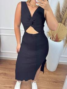 Women's Midi Dress, Two Ways To Wear, Knot At The Back Or Front With Slit On The Sides, Ribbed Knit - màu đen - Xem 5