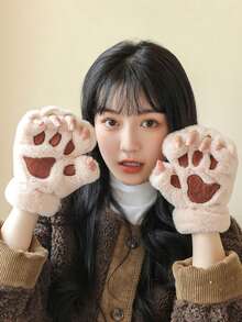 1 Pair Cute Cat Paw Fingerless Gloves, Plush Half-Finger Gloves, Warm & Cold-Resistant, Suitable For Girls Daily Use In Winter (With Rope) - Multicolor - View 5