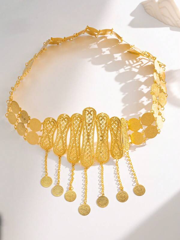 Herseygold قطعة واحدة حزام خصر للعروس التركية/الكردية مطلي بالذهب، سلسلة خصر بنقوش عملات شرق أوسطية عربية، إكسسوار ثوب نسائي فاخر طويل، هدية حفل زفاف