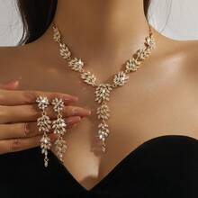 3pcs Set Fashionable European & American Creative Wheat Rhinestone Necklace & Earrings Jewelry Set, Suitable For Wedding & Parties - Leaf - View 10