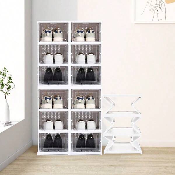 Caja de almacenamiento plegable con estante de zapatos plegable de 6 capas, caja de plástico apilable, tapa de mano, sin instalación, transparente y antipolvo,Navidad