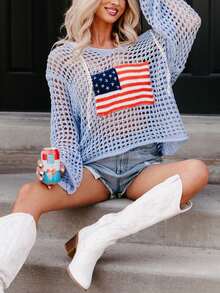 Women's American Flag Crochet Sweater Long Sleeve Hollow Out Lightweight Knit Hoodie 2025 Summer Beach Cover Up Tops - 淺藍色 - 查看 6