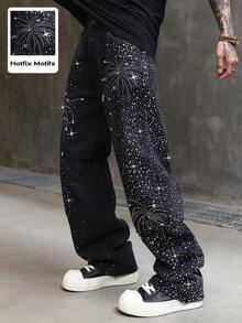 leev Rhinestone Studded Sparkling Glowing Jeans, Washed Denim Fashion Pants, Suitable As Gift For Festivals - Black - View 1