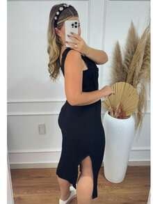 Women's Midi Dress, Two Ways To Wear, Knot At The Back Or Front With Slit On The Sides, Ribbed Knit - màu đen - Xem 4