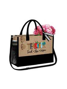 黄麻/帆布手提袋配化妆包，教师字母花卉图案，书籍，苹果和地球图案，可重复使用的购物手提袋和化妆包，带肩带的手提袋和化妆包，带侧袋的个性化礼品袋