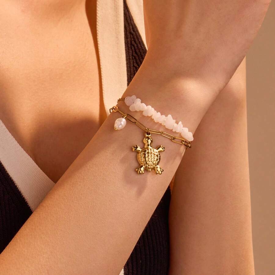 1pc Beaded Ocean Style Stainless Steel Layered Bracelet For Women - Multicolor - View 1