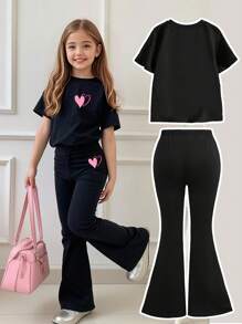 Girls 2-Piece Heart Print Short Sleeve T-Shirt And Skinny Stretch Flare Pants Set, Back To School/Matching Outfits For Friends & Sisters