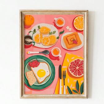 1pc, Wall Arts, Vintage Posters, Breakfast Flat Lay Food On The Dining Table Wall Art | Sunny Side Up Kitchen Art Prints Foodie Gifts Colorful Tea And Waffles Poster, Unframed, Wall Art With Frame