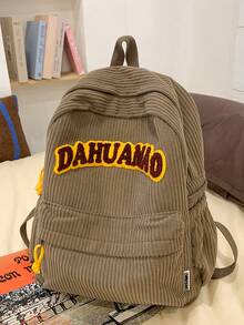 1 Pc New Style Girls' And Boys' Solid Color Letter Print Corduroy Backpack, Spacious Capacity, Adjustable Straps, Zipper Closure, Fashionable And Casual For School, Outdoor Activities, Travel, And Friend Gifts - A - View 7