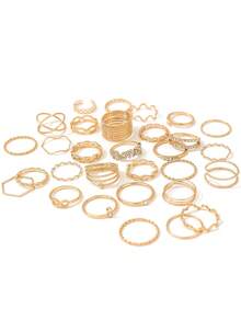 30pcs Metal Textured Rhinestone Rings Set, Minimalist Everyday Stackable Fashion Finger Rings For Women - 30 Patterns - View 6