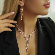 3pcs Set Fashionable European & American Creative Wheat Rhinestone Necklace & Earrings Jewelry Set, Suitable For Wedding & Parties - Leaf - View 6