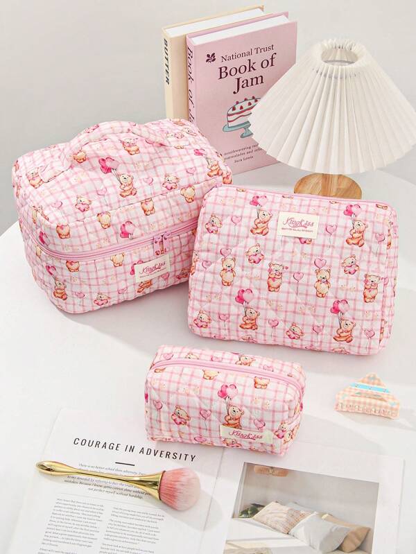1PC Pink Bar White Bear Makeup Bag, Splicing Wash Bag, Fashionable And Leisure Large Capacity Handbag, Flat Storage Bag, Sanitary Napkins, Bag Mat, Wired Earphones, Earphones, Chargers, Lipstick, Cosmetics, Home Decoration, Suitable For Mothers, Students, Female Students, Office Workers, Office Workers, Keys, Holiday Gifts