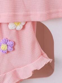 2 Stücke/Set Kleine Mädchen Frisch & Süß Süße 3D Blumen Dekor Ärmellose Top & Shorts Set, Sommer - Babypink - Übersicht 9