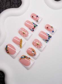 Spring/Summer Handmade Duck-Mouth Nail Art Set, Y2K Baddie Style, Including Nude, White French Tip Nails With White Accent, Multicolor Rhinestones, Pearl, Steel Ball Decorations, 10pcs/Set 3 Sizes, Suitable For Party, Wedding, Daily Wear, Comes With Tool Kit, Great Gift For Women And Girls