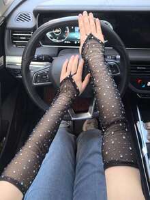 1 Pair 49cm Women's Sparkling Crystal Decorated Mesh Sexy Fingerless Stretchy Gloves, Suitable For Music Festivals,Travel - Hook Finger Hot Diamond New - View 2