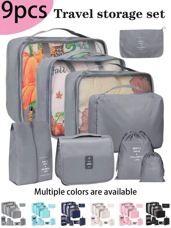 9-1PC Travel Storage Set, Portable Luggage Storage Bag, Clothing Storage Bag, Including Bath Product Bag, Cosmetic Bag, Underwear Bag, Shoe Bag, Underwear, Shoes And Socks Storage Bag, Digital Product Storage Bag, Hook Bag, Foldable Clothing Storage Bag, Clothing Classification Storage Bag, Dust-Proof Classification Storage Bag Suitable For Luggage, Travel And Seasonal Storage, Saving Space
