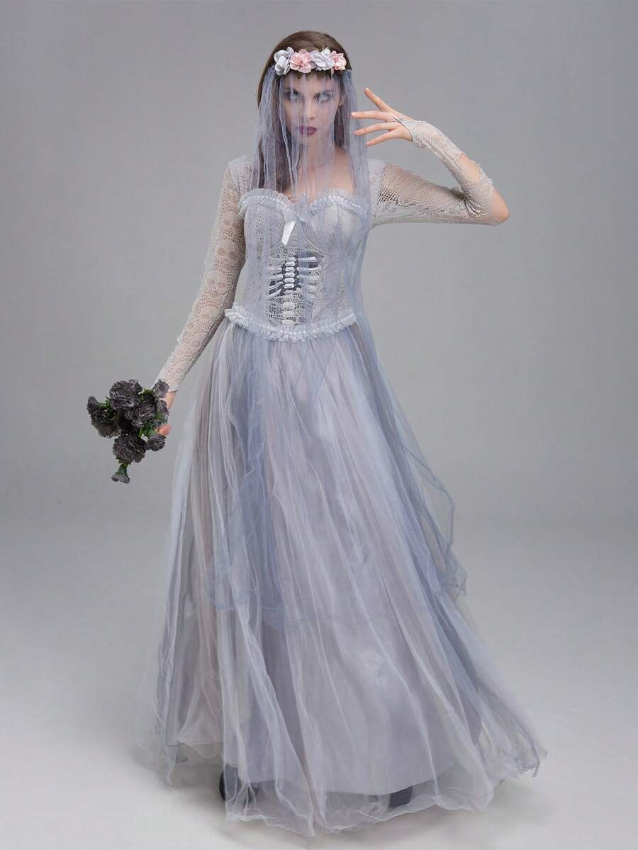 Women Dead Bride Costume Ghost Corpse Bride Corset Dress And Veil Floral Headband Sets For Cosplay Outfits - Grey - View 1