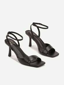 Square Toe Stiletto Heel Sandals With Ankle Strap - Black - View 3