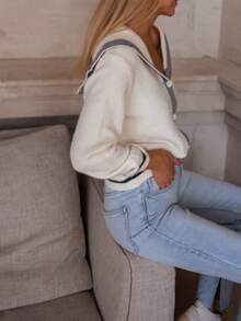 Áo cardigan dệt kim tay dài cổ thủy thủ dành cho nữ, cài nút phía trước, chất liệu nhẹ, dáng suông, phong cách thời trang thường ngày phù hợp cho việc đi làm, áo len trắng dễ thương. - trắng - Xem 5