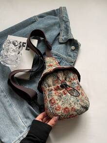 Bohemian Embroidered Floral Mini Crossbody Bag, Small Capacity Polyester Shoulder Bag With Zipper Closure And Lining - Pink - View 5