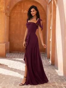 MOEVIO 女士优雅露肩荷叶袖A字高开衩伴娘婚礼宾客正式晚礼服，适合舞会、毕业典礼、返校节、节日、秋季等场合