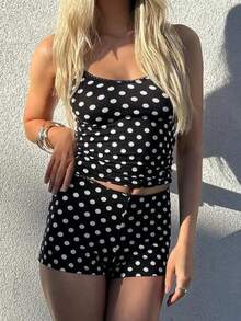 Women's Y2K Summer 2 Piece Cami Pajama Set Dot Print/Stripe Sleeveless Pjs Tank Tops And Shorts Sets Camisole Lounge Set Sleepwear - 黑色 - 查看 3