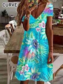 Abito casual a vestaglia con scollo a V, stile vacanza, taglie comode per donna - Multicolore - Visualizzare 1