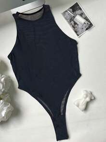 Maillard Style Round Neck Colour Block Pleated Summer Sleeveless Bodysuit (Without Accessories) - 黑色 - 查看 7