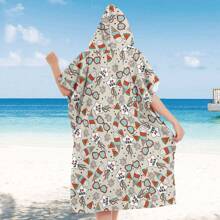 1pc Digital Printed Pattern Ultra-Fine Fiber Hooded Bath Towel, Suitable For Bathing, Swimming Pool, Travel Items, Festival Gifts
