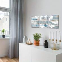 Pintura de lienzo con hojas tropicales para decoración de pared, baño con diseño azul y blanco, cuadros con estampado de hojas de plantas, cartel con letrero "Live Laugh Love", juego de 3 piezas enmarcado para crear un ambiente elegante