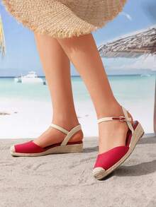 Women's Platform Ankle Strap Closed Toe Espadrille Matching Dress Wedding Wedge Red Sandals - Đỏ - Xem 3