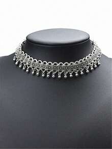 1pc Women Retro Hollow Carved Short Necklace, Suitable For Daily Wear - Antique Silver - View 2