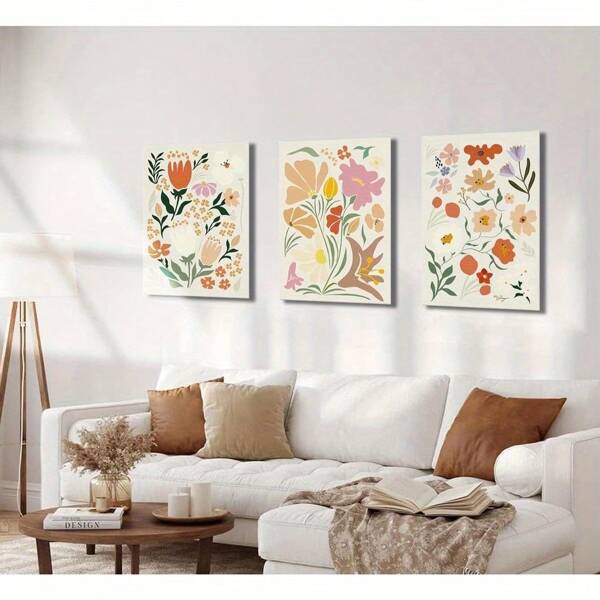 Juego de 3 pinturas en lienzo de flores bohemias, arte de pared abstracto botánico con floral, cuadros de pared, pósteres minimalistas de plantas, impresiones artísticas para sala de estar, dormitorio, oficina y decoración del hogar - Pintura mural enmarcada en tres piezas, arte de pared con marco