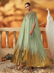 Váy dạ hội dài trang trọng lấy cảm hứng từ Kaftan xanh lá cây vàng với hạt cườm nặng và viền kim loại, váy dạ hội thanh lịch, kín đáo - Quả xanh - Xem 4