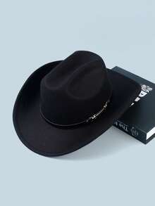 1pc Unisex Solid Color Woolen Cowboy/Cowgirl Hat With Leather Belt Buckle Decor, Versatile Novelty Gifts, Wide Brim Fedora Hats Suitable For Western Themed Parties, Engagements, Graduations, Performances, Celebrations - Top Hat - View 7