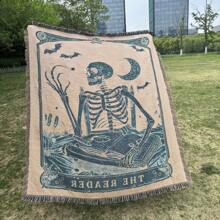 Skull Reader Pattern, Bohemian Style Jacquard Weave Fringe Blanket, Thick, Stain Resistant, Tear Resistant, Washable, Easy Care, Non-Fading, Non-Pilling, Suitable As Bedspread, Sofa Throw, Office Lap Blanket, Picnic, Camping And Home Decor