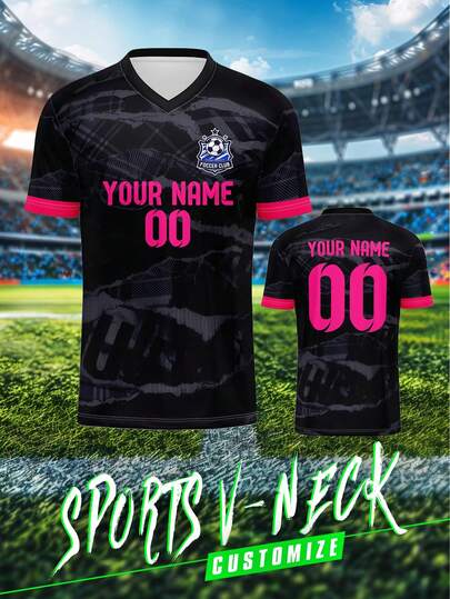 Customized Sports Jersey, Men's V-Neck Football Club Training Shirt With Front And Back Printed Name, Number And Logo, Comfortable For Daily, Casual, Party And Gathering,Stylish,Fashion,Hipster,Casual,Minimal Chic,Personalized,Customized,Custom,Unique,Guy Costumes,Capsule Wardrobe,Men Basic/Street Style,Ideal Gifts For Him,Boyfriend,Family,Friends,For Birthdays,For Vacation/Holiday,For School/Competition,For Sports/Climbing,Season Picks,Sports & Outdoor,Customized Men Sports & Entertainment Wear