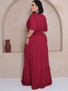 Plus Size Long Dress V Neck Short Sleeve - Burgundy - View 3