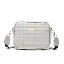 New Fashion Solid Color Plaid Embroidered Camera Bag, Versatile Letter Strap With Metal Decor Crossbody Bag, Minimalist Style For Outdoor Travel, High-Quality Shoulder Bag - Black - View 12