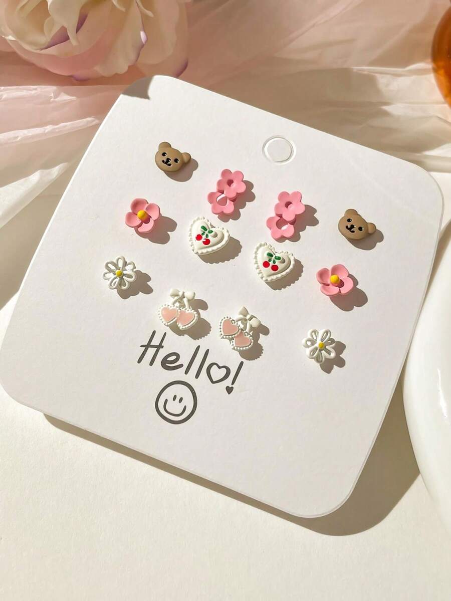 1 套桃花花卉粉色泰迪熊耳环