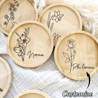 1pc Customized Floral Design Bamboo Trivet Mat, Wedding Decoration, Birthday Gift, Anniversary Present, Customized Trivet