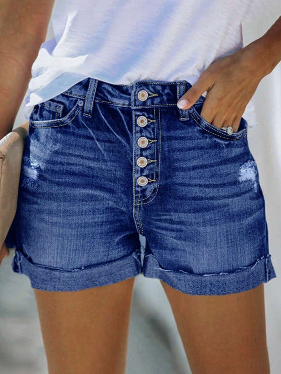 Women's Casual Washed Button-Up Distressed Denim Shorts - Dark Wash - View 1