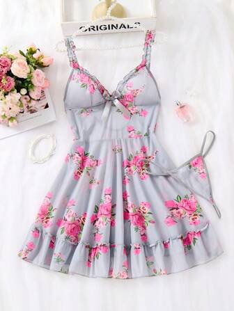 2 Pieces Sexy Lingerie Sleepwear Set - Complete Two Pieces Ensemble With Coordinating Thong Panty, Delicate Ruffled Hemline, And Easy-Adjust Straps For A Perfect Fit - Vibrant Floral Pattern, Sultry Nighttime Dress For Women