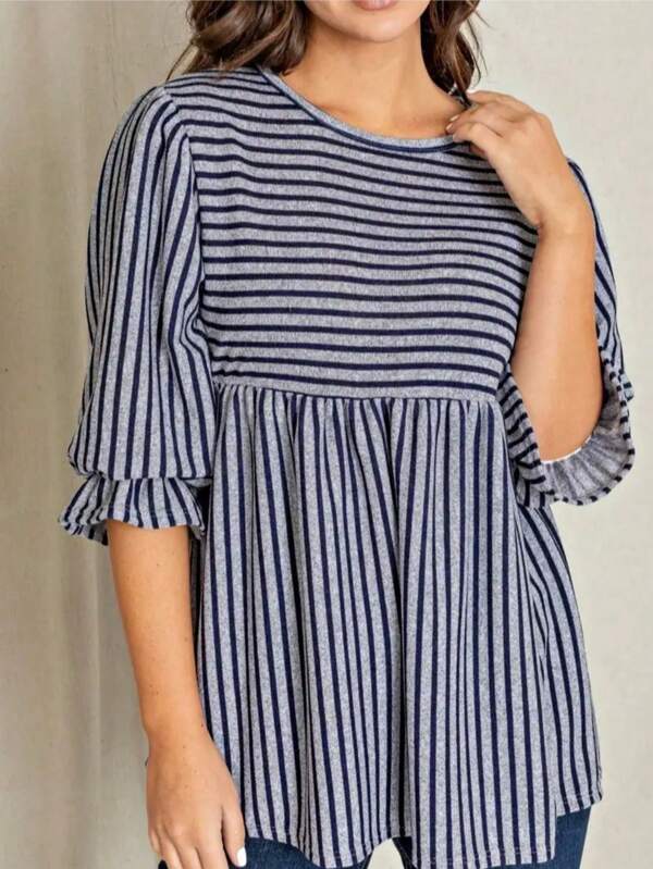 Plus Size Summer Casual Striped Puff Sleeve Shirt