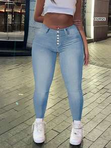 Vaqueros slim con múltiples botones básicos y versátiles que estilizan para mujer talla grande - Lavado ligero - Ver 3