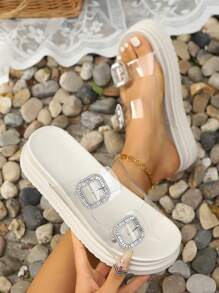Solid Color Transparent Platform Wedge Sandals, High Sole Casual Thong Slippers With Strass, Fashion Summer Shoes