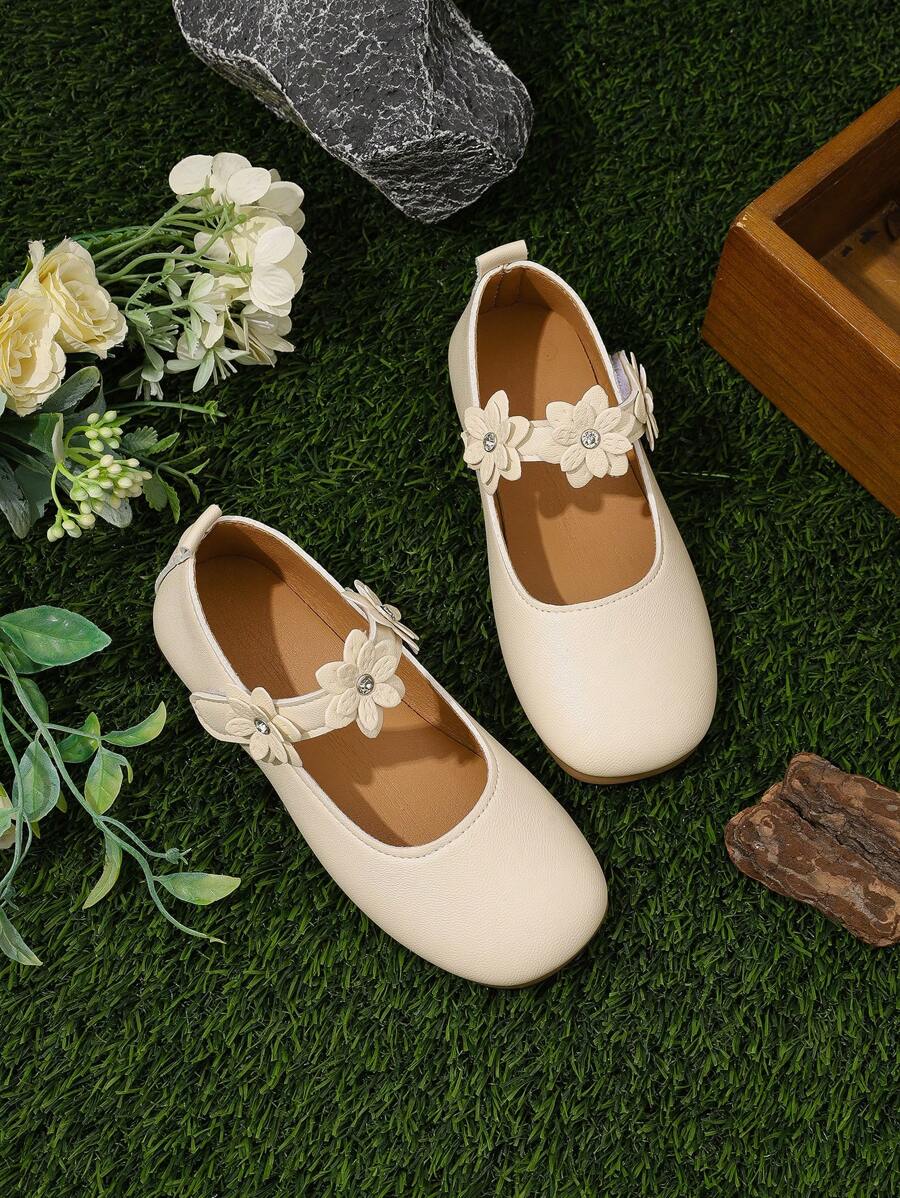 1 Pair Girls Adjustable Floral Design Flat Shoes, Round Toe, TPR Anti-Slip Sole, Comfortable & Lightweight, Suitable For 5-14 Years Old Girls, For School, Party, Dance And Casual Wear, All Seasons