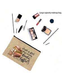 Yellow And Black Edged Linen Two Pieces Set With "Just A Girl Who Loves" Lettering Color Printing Pattern, Coffee And Book Pattern Design, Women's Fashionable Canvas Handbag With Button Thick Linen Bag, Multi-Functional Shopping Bag, Thank You Gift, Innovative Design, Large Capacity, Personalized Gift For Wedding Anniversary And Friend's Birthday, Suitable For Vacation, Daily Life, Going Out, Supermarket Shopping - Multicolor - View 8